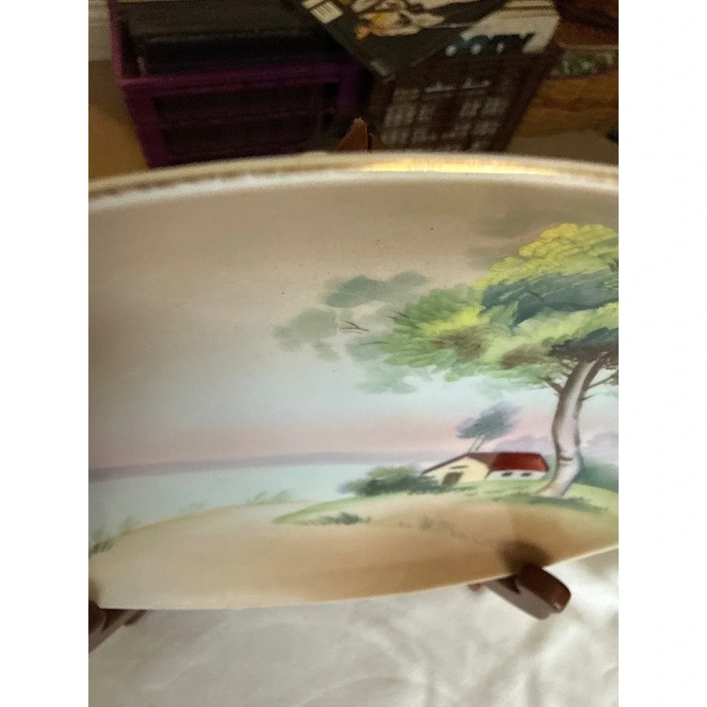 Meito China Hand Painted Landscape Plate Cottage Scene Japan 7.75in Vintage